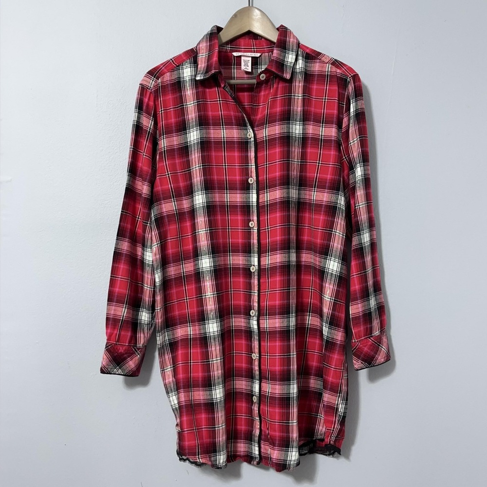 Victoria's Secret Flannel Sleep Shirt Womens Medium Red Plaid Lightweight